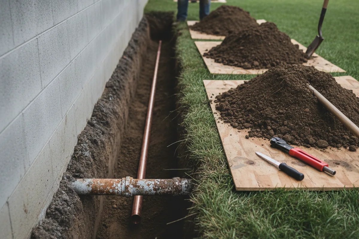 Excavated water line trench during Water Softener Installation in Hallwood